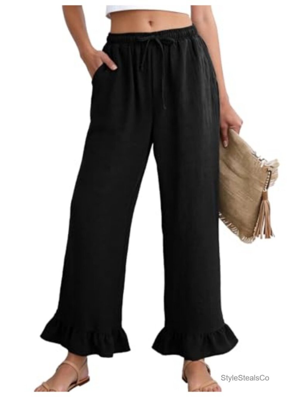 Women's Wide Leg Palazzo Pants with Pockets, Ruffle Hem High Rise Trousers